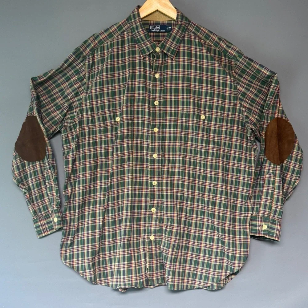Polo Ralph Lauren Polo Country Plaid Shirt Suede Elbow Patches Green 2XB Big